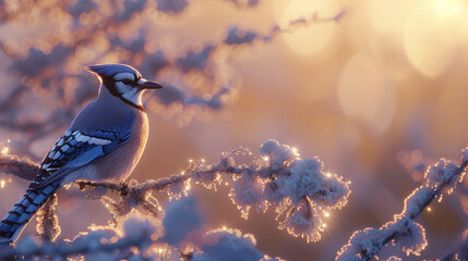 Wall Mural - A single blue jay on a frosty branch, its feathers highlighted by the soft glow of morning light, with a blurred winter landscape behind it.