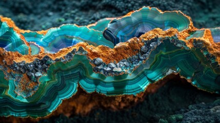 Aufkleber - Vibrant layers of agate stone showcase rich blues and greens, highlighted by earthy tones, revealing intricate geological patterns during bright daylight near a rocky surface.