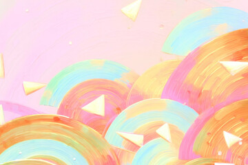 Aufkleber - vibrant abstract painting features swirling pastel colors and geometric shapes, creating dreamy and whimsical atmosphere. composition includes soft pinks, blues, and yellows with triangular