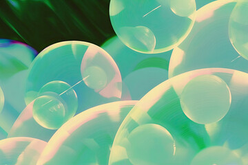 Aufkleber - Colorful pastel bubbles floating against soft green background, creating dreamy and whimsical atmosphere. translucent spheres overlap, reflecting light in delicate manner