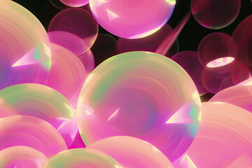 Aufkleber - Colorful iridescent bubbles float against dark background, creating vibrant and dreamy atmosphere. bubbles display spectrum of pink, purple, and green hues, reflecting light in mesmerizing way