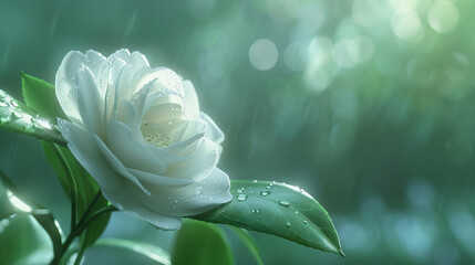 Wall Mural - A single white camellia flower with dewdrops on its petals, its purity enhanced by a softly blurred green background.