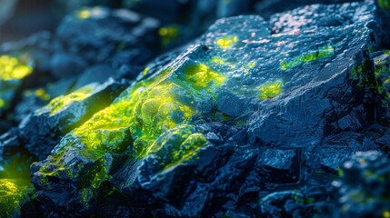 Aufkleber - Glowing green minerals emerge from a dark rocky surface, creating a striking visual contrast in this natural environment, highlighting unique geological characteristics and formations.
