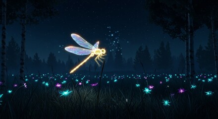 Wall Mural - glowing dragonfly night scene wallpaper - a luminous dragonfly rests on a stem in a field of glowing