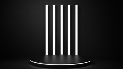 Poster - Black Studio Background Illuminated Concept, Studio Background with Vertical Light Fixtures on a Black Surface for Photography and Design Projects
