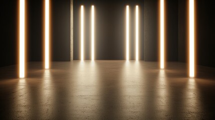 Poster - Black Studio Background Illuminated Concept, Thin Vertical Light Beams in Dark Studio Background with Reflected Floor and Minimalistic Atmosphere
