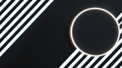 Poster - Black Studio Background Illuminated Concept, Abstract Black Background with Diagonal Light Strips and Circular Light Accent for Modern Designs