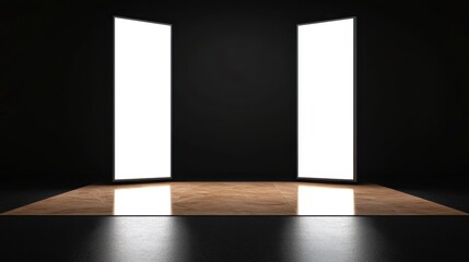 Poster - Black Studio Background Illuminated Concept, Illuminated Black Studio with Rectangular White Lights Showcasing a Simple Wooden Floor Design