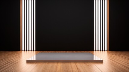 Poster - Black Studio Background Illuminated Concept, Illuminated Black Studio Space with Rectangular Platform Against a Dark Background and Vertical Light Strips