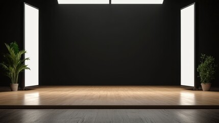 Poster - Black Studio Background Illuminated Concept, Black Studio Interior with Illuminated Rectangular White Light and Natural Plants in a Minimalistic Design
