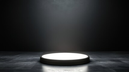 Poster - Black Studio Background Illuminated Concept, Luminous Circular Studio Space with Soft White Light on Dark Background for Creative Photography
