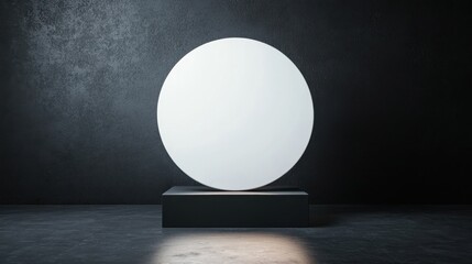Poster - Black Studio Background Illuminated Concept, Luminous White Circular Object in Black Studio Space with Soft Lighting and Minimalist Design