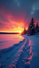 Wall Mural - Dusk light casts long shadows across frozen tundra, shadows, cold, dusk