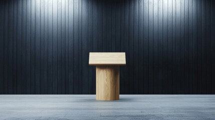 Poster - Black Studio Background Illuminated Concept, Industrial Studio Background with Simple Wooden Podium Against Black Wall and Soft Lighting