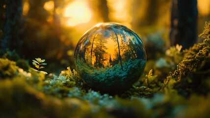 Wall Mural - earth day reminder with a crystal globe showing vibrant forests and sunlight, emphasizing conservati