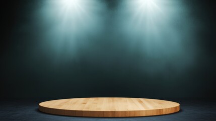 Poster - Black Studio Background Illuminated Concept, Minimal Black Studio Scene with Softly Diffused White Light on Wooden Stage for Creative Presentations