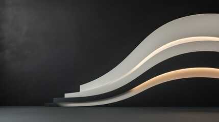 Poster - Black Studio Background Illuminated Concept, Minimalist Black Studio Interior with Soft White Lighting and Elegant Curved Shapes
