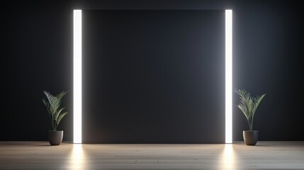Poster - Black Studio Background Illuminated Concept, Modern Studio with Sleek Black Wall and Illuminated Geometric Design Featuring Green Plants