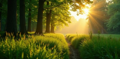 Wall Mural - Morning sunlight filters through forest canopy revealing prairie growth, prairie, forest, leaves