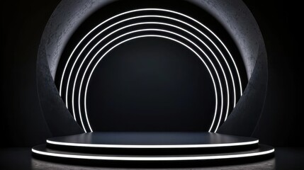 Poster - Black Studio Background Illuminated Concept, Illuminated Black Stage Setup with Concentric White Circles and Dramatic Lighting for Performances