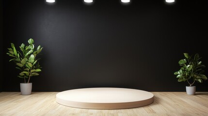 Poster - Black Studio Background Illuminated Concept, Modern Studio Space with Pitch Black Walls and Overhead Lighting Creating a Stylish Ambiance