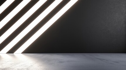 Poster - Black Studio Background Illuminated Concept, Dynamic Black and White Studio Lighting with Diagonal Stripes on a Minimalist Background