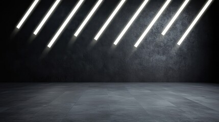 Poster - Black Studio Background Illuminated Concept, Dark Studio Space with Diagonal White Light Streaks for Creative Background or Presentation Needs