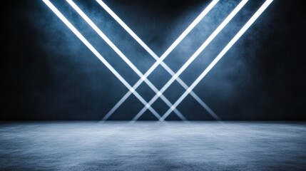 Poster - Black Studio Background Illuminated Concept, Dramatic Studio Space with Diagonal White Light Streaks on Dark Background for Creative Performances and Events