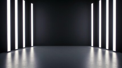 Poster - Black Studio Background Illuminated Concept, Sleek Black Studio Interior with Alternating White Vertical Light Strips for Modern Design Aesthetics