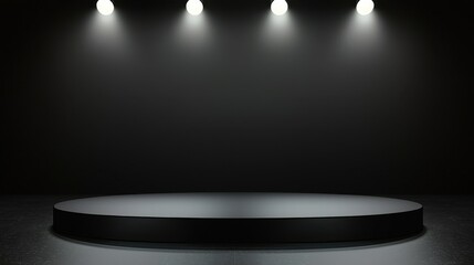 Poster - Black Studio Background Illuminated Concept, Elegant Black Studio Setup with Soft White Lights for Photography and Videography Projects
