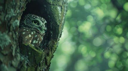 Wall Mural - A small owl peering curiously from a tree hollow, its feathers beautifully detailed against a blurred green forest background.