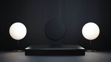 Poster - Black Studio Background Illuminated Concept, Elegant Black Studio Setup Featuring Soft White Lights for Contemporary Photography Needs