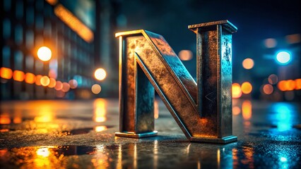Poster - Close-up Night Photography of Metal Letter N - Industrial Alphabet Texture