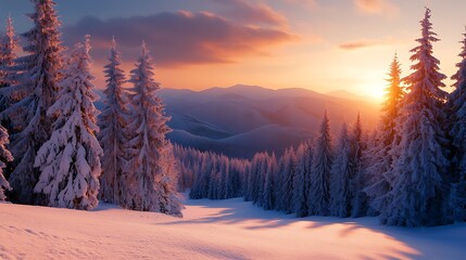 Canvas Print - Majestic sunset over snow-covered mountain range with fir trees. (2)