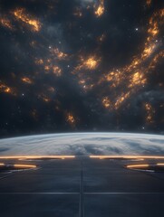 Aufkleber - A futuristic space station orbits a gas giant, showcasing advanced design in a cosmic setting.