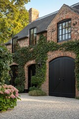 Wall Mural - Nestled in a tranquil neighborhood, this charming brick house is enveloped in vibrant greenery and features a quaint gravel driveway, all beautifully illuminated by the warm glow of golden hour light