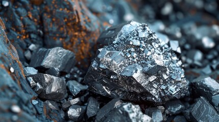 Poster - A striking display of minerals showcases sharp crystalline structures and a lustrous metallic surface, surrounded by rugged rocky terrain under bright sunlight.
