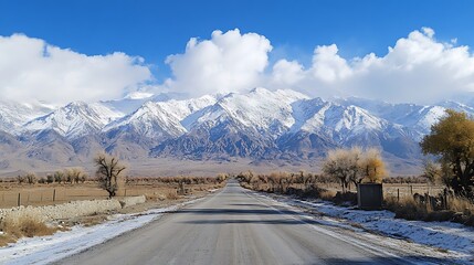 Canvas Print - Scenic road through snowy mountains, clear sky, autumn trees.