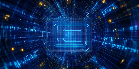 Poster - Energy Technology Concept with battery symbol against a Futuristic, Blue Digital Grid background. Network Tech Wallpaper. Tecnology concept