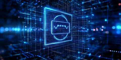 Poster - Energy Technology Concept with battery symbol against a Futuristic, Blue Digital Grid background. Network Tech Wallpaper. Tecnology concept