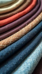 Poster - A stack of different colored fabrics. The fabrics are blue, red, and brown. The stack is in a circle