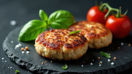 Wall Mural - Savory Pan-Fried Chicken Patties with Fresh Basil and a Sprinkle of Seasoning on a Dark Slate Platter