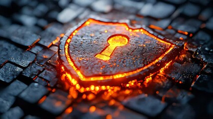 Poster - A glowing digital shield on a cybernetic surface, symbolizing cybersecurity, data protection, and online safety in a futuristic design