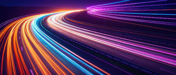 Poster - A vibrant display of colorful light trails on a dark background, depicting movement and speed in a dynamic manner.