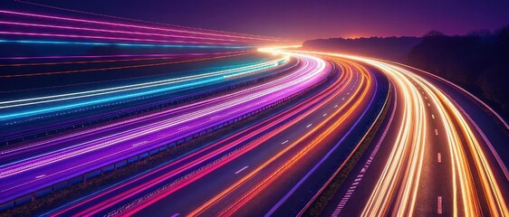 Poster - A vibrant image showcasing colorful light trails on a highway, illustrating motion and speed against a twilight backdrop.