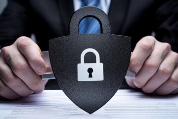 Poster - Secure Concept with Shield and Lock Symbol on Document Close-up
