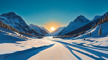 Canvas Print - Sun sets over snow-covered valley, icy river, and majestic mountains.