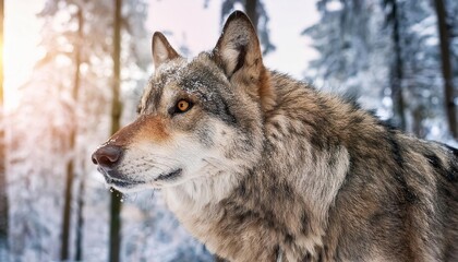  Majestic wolf observing winter wonderland in snowy forest