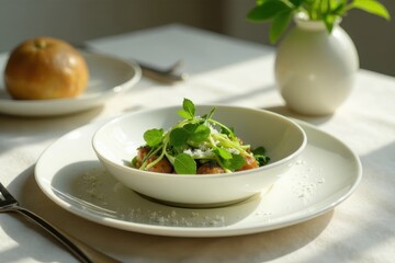 Wall Mural - A delectable dish of potato dumplings, delicately adorned with fresh herbs and a light seasoning, served in elegant white bowls on a pristine table setting