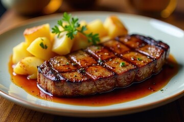 Wall Mural - Grilled steak with roasted potatoes and savory sauce on a plate